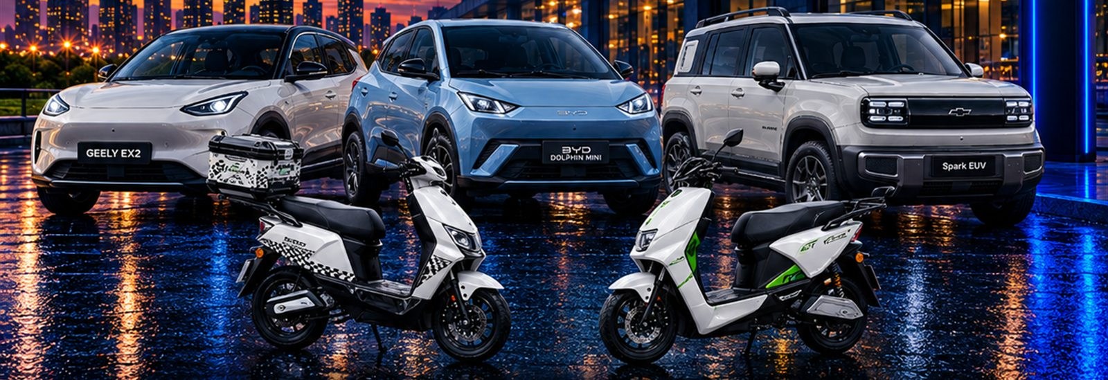 Frota VetziVolts: Geely EX2, BYD Dolphin Mini, Chevrolet Spark EUV e duas motos elétricas